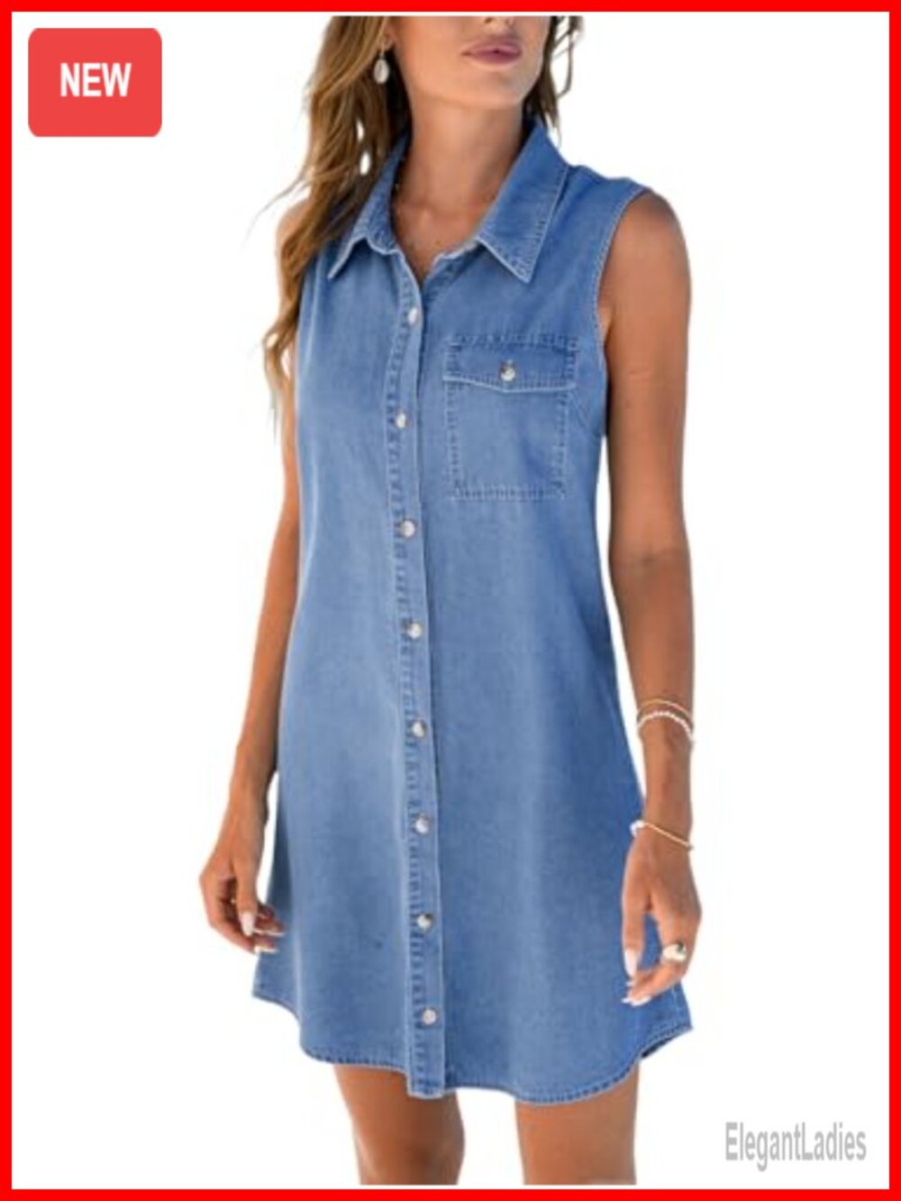 Sleeveless Denim Shirt Dress Button Down Collared Mini A-Line Cotton Blend